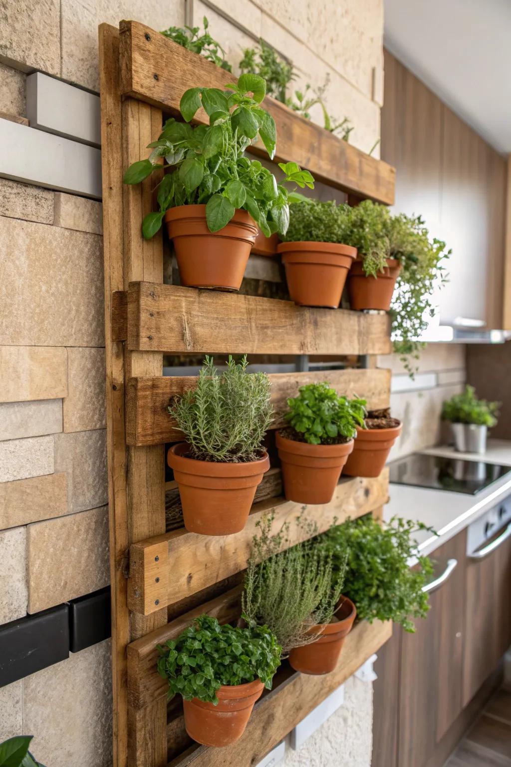 Elevate your kitchen decor with this stunning pallet vertical garden. A perfect blend of craftsmanship and nature!