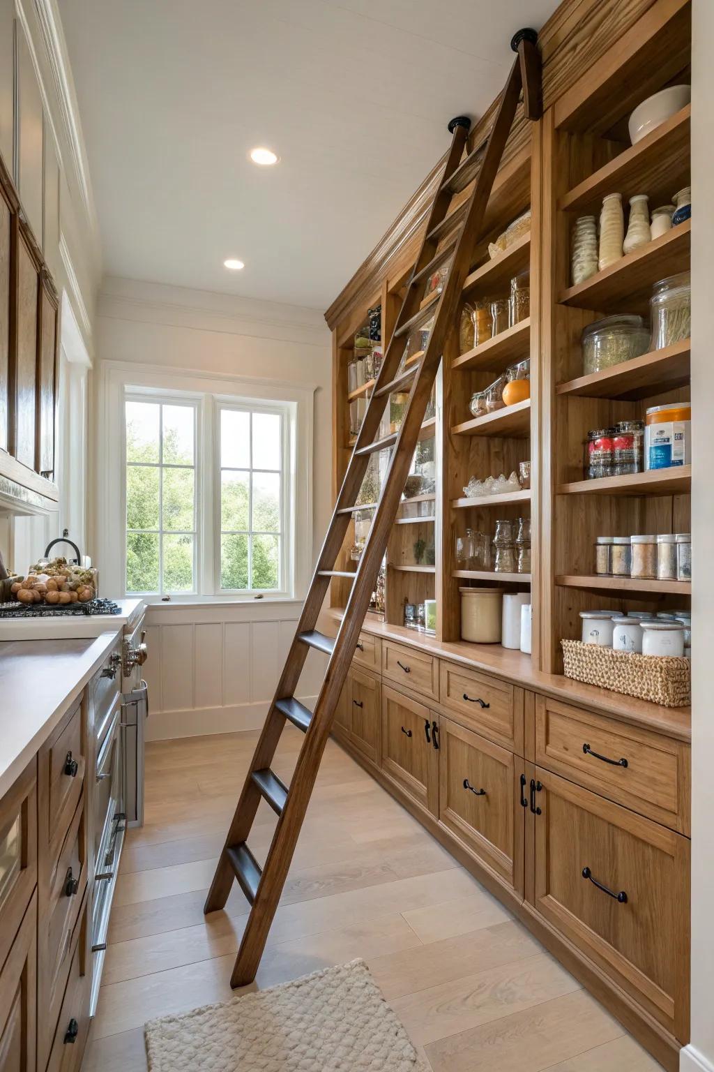 A butler's pantry equipped with a rolling ladder for easy access.