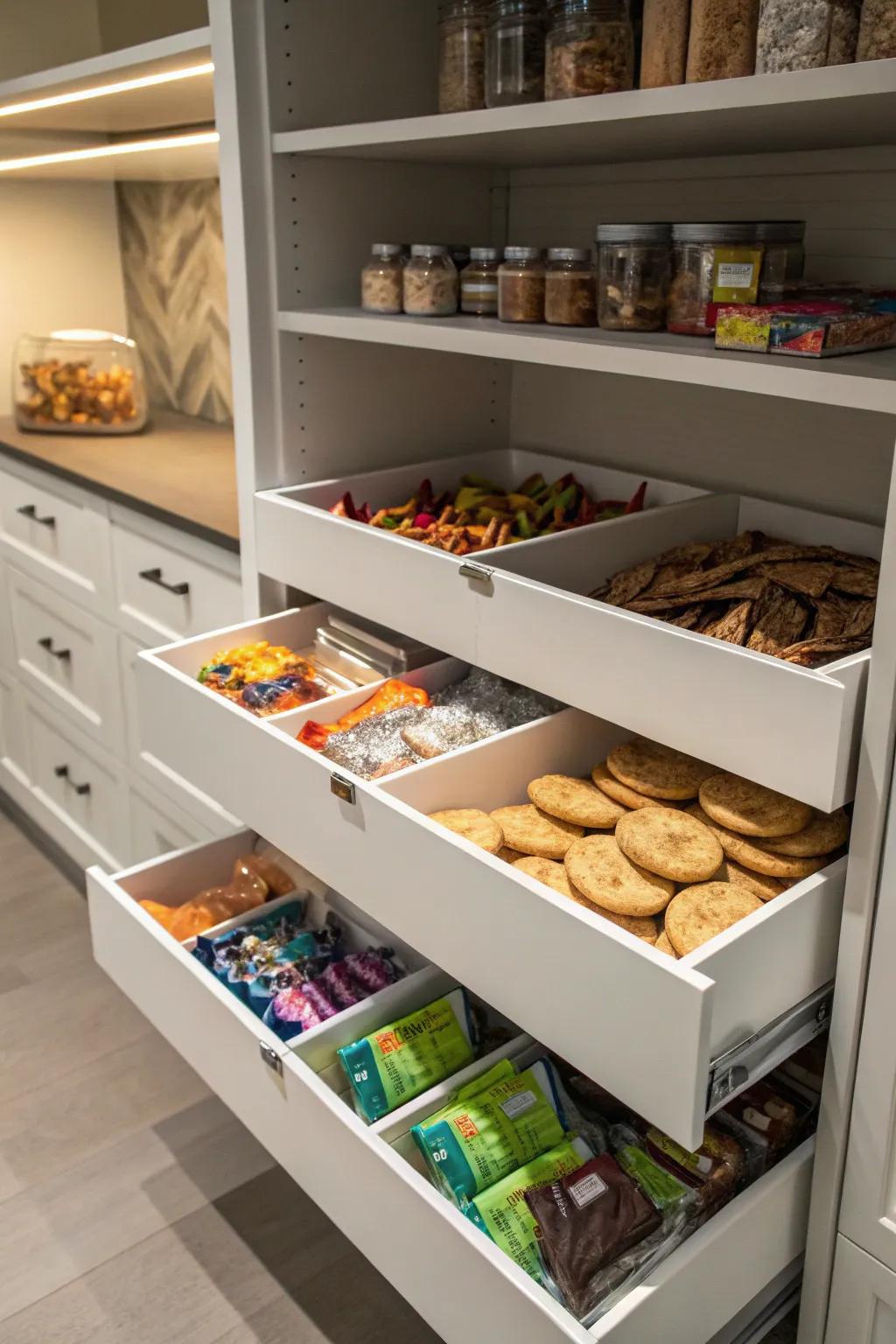 Pull-out drawers make accessing items at the back of deep shelves a breeze.