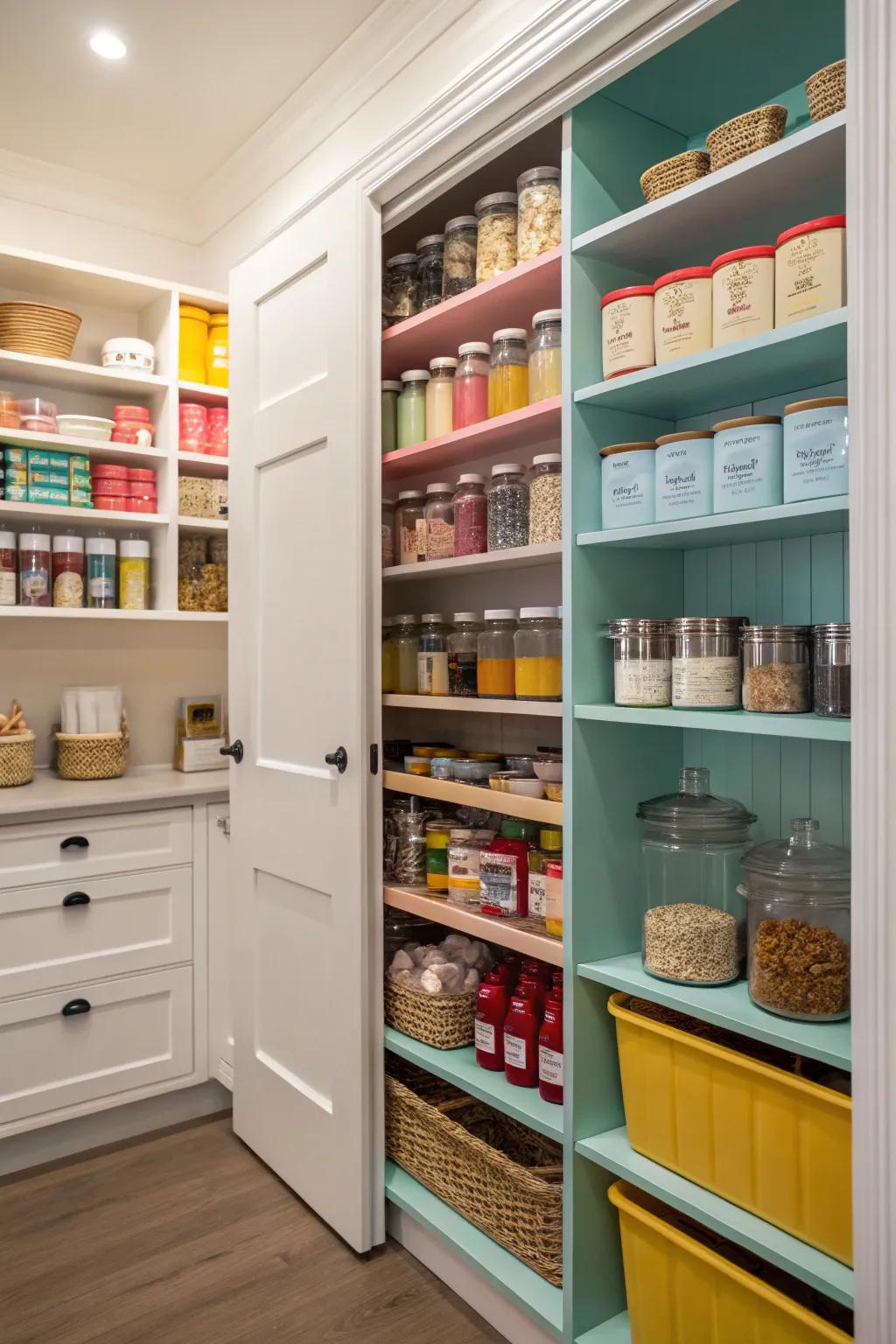 Two-tone shelving adds a modern touch to your pantry.