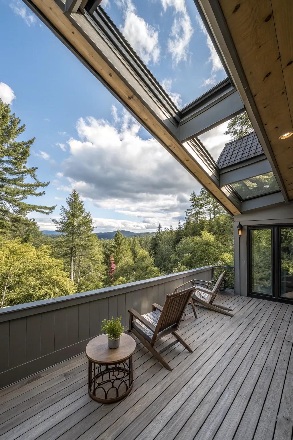 A modern deck with a partially covered roof featuring skylights for natural light.