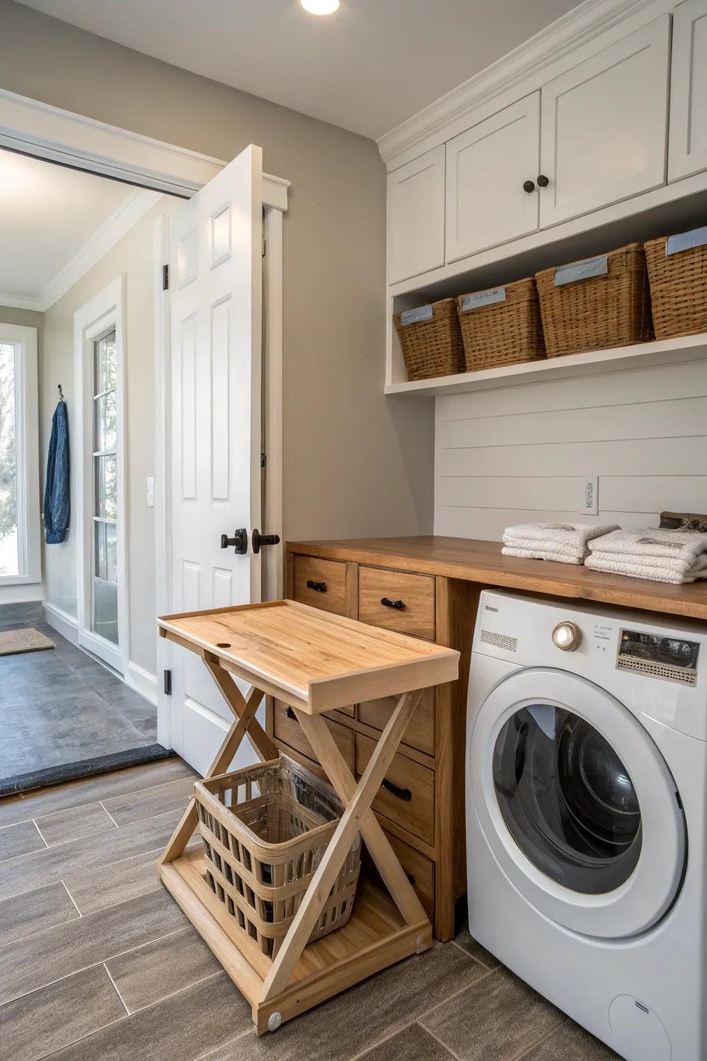 A convenient folding station makes laundry tasks easier and more organized.