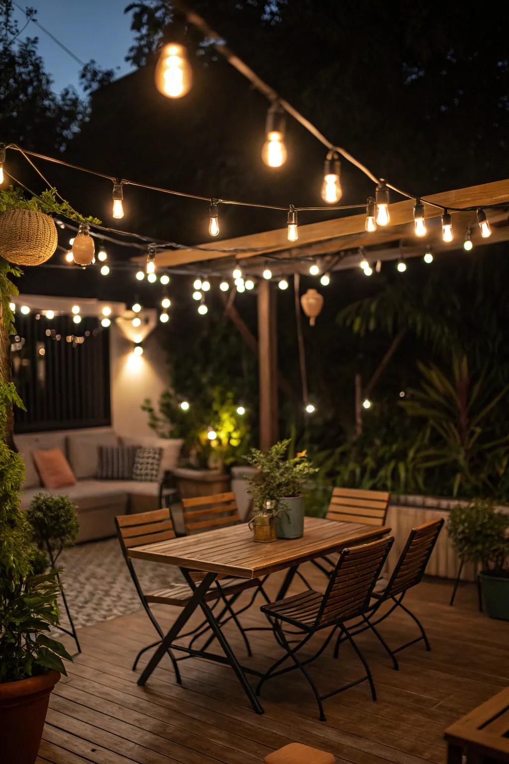 Diagonal string lights for a casual, laid-back vibe.