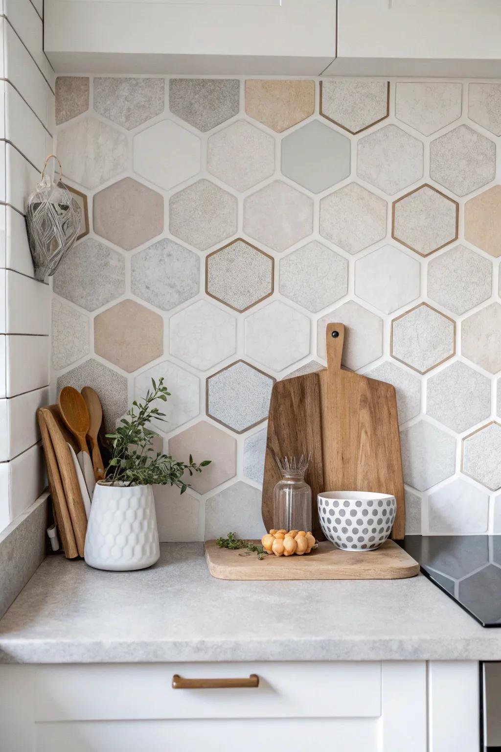 Transform your kitchen with hexagonal charm: where minimalist meets modern elegance.
