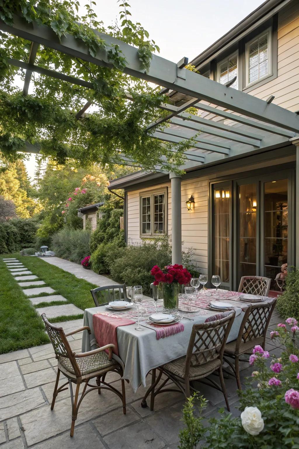 An extended dining area with a pergola offers the perfect setting for al fresco dining.