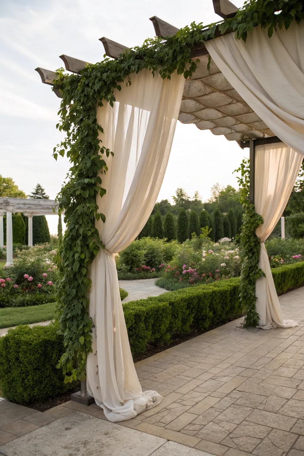 Draped fabric transforms a pergola into a private, elegant retreat.