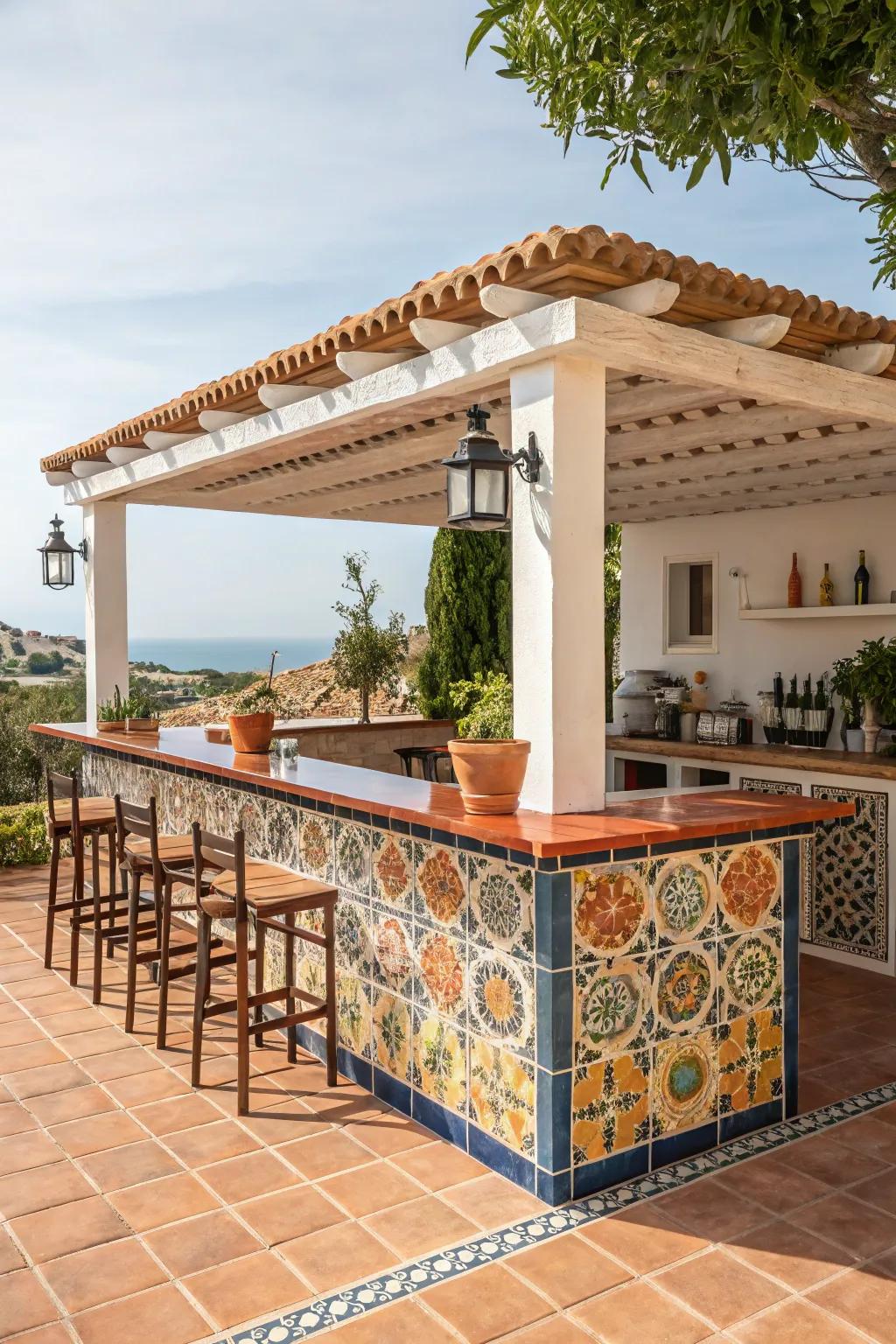 A Mediterranean-style pergola bar, full of color and warmth.