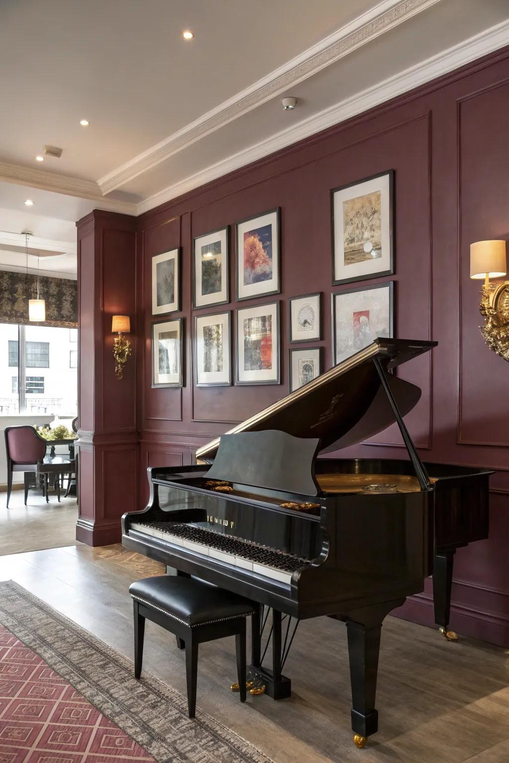 A piano stands out against a bold, dark wall.