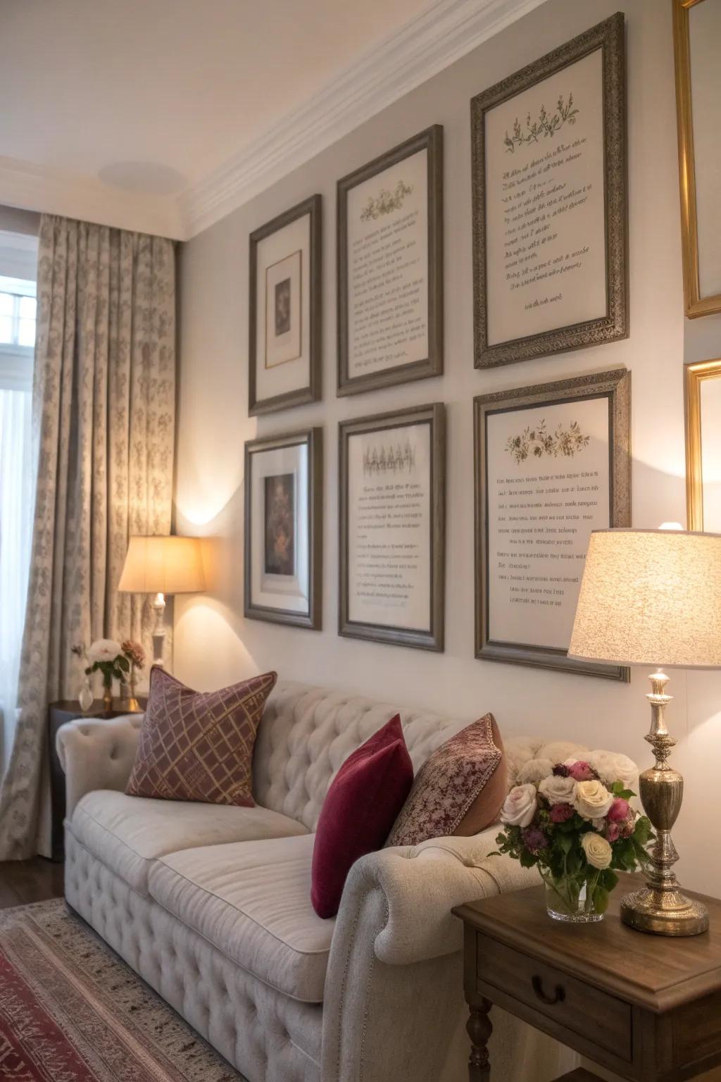 An elegantly styled living room featuring framed quotes and poems.