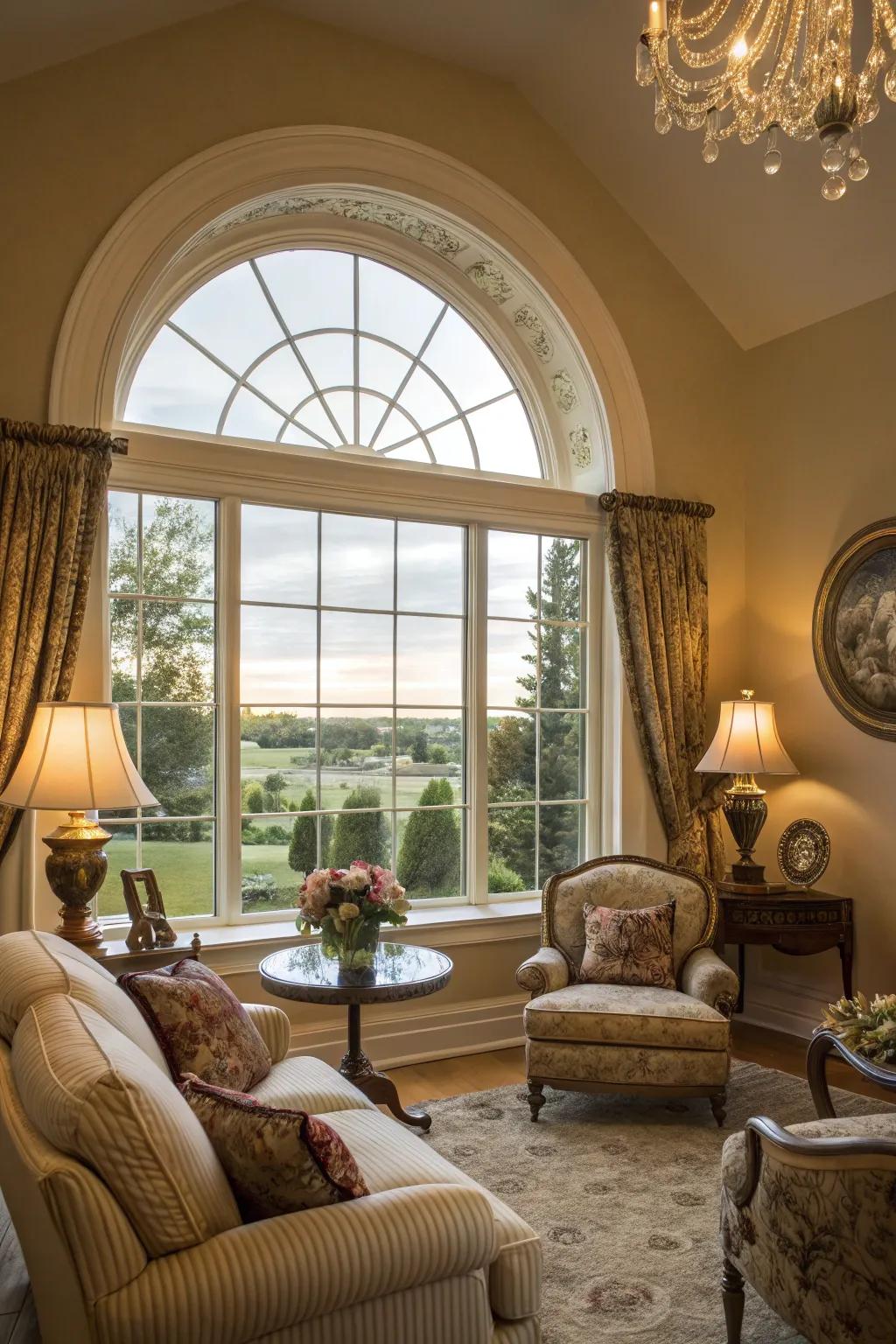 A living room featuring a dramatic round top picture window.