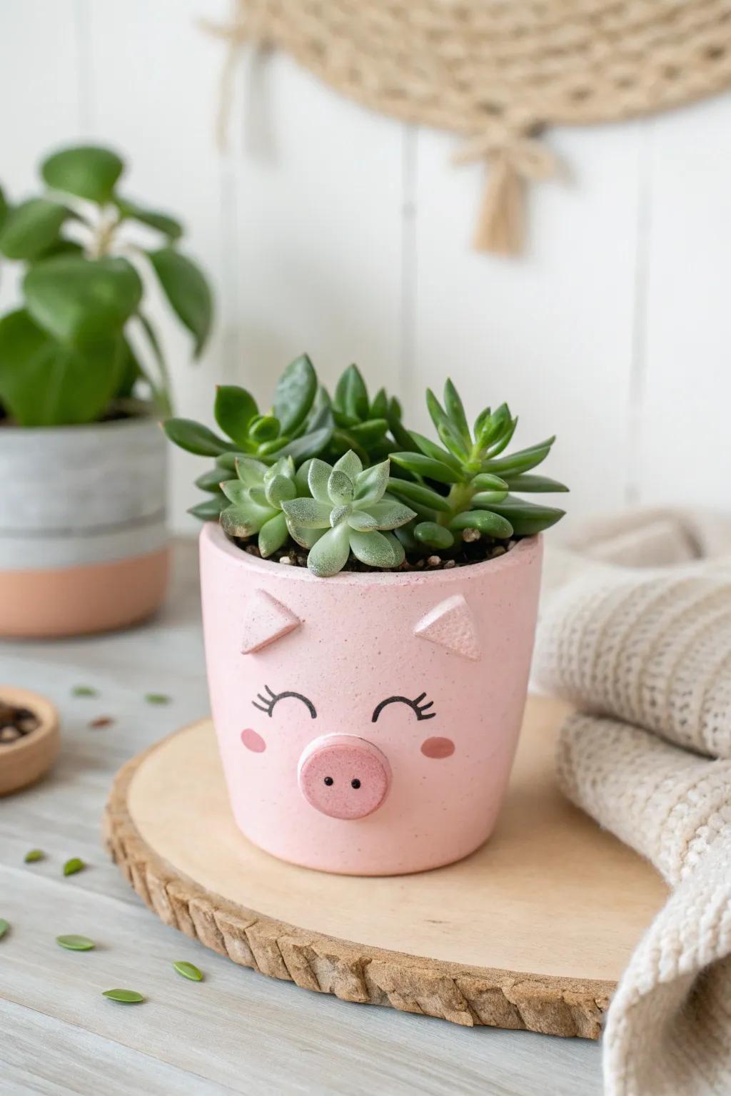 Add a touch of whimsy to your space with this charming clay pot pig planter, perfect for a minimalist and boho-inspired home decor.
