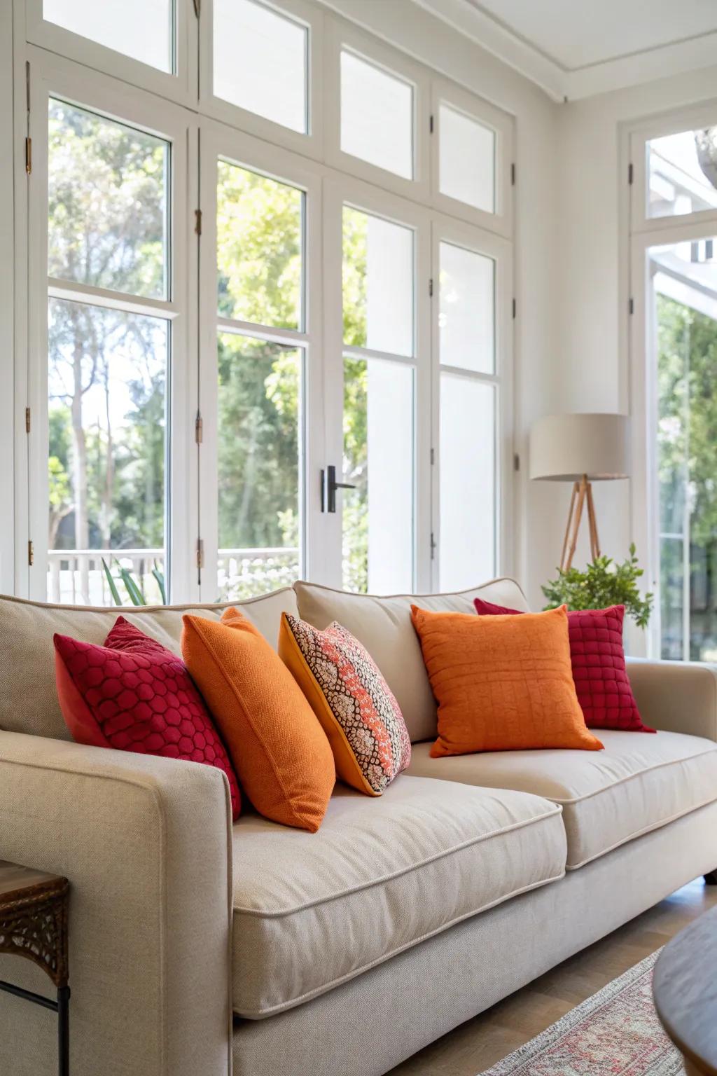 Add a pop of color with bold pillows.