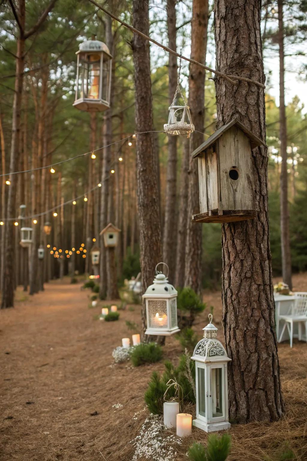 Rustic elements add charm and character to the pine forest garden.