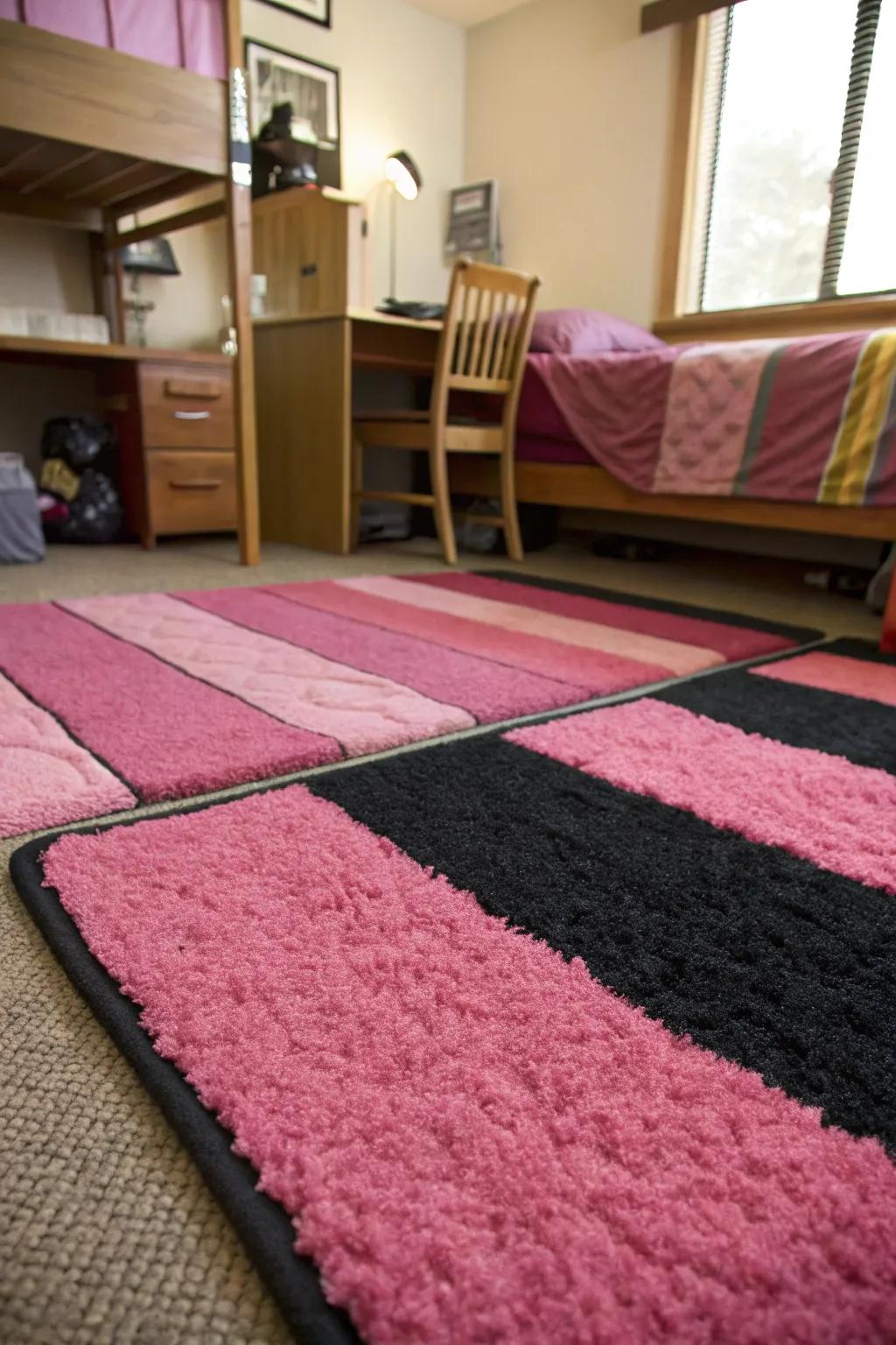 Layered pink and black rugs adding texture and warmth.