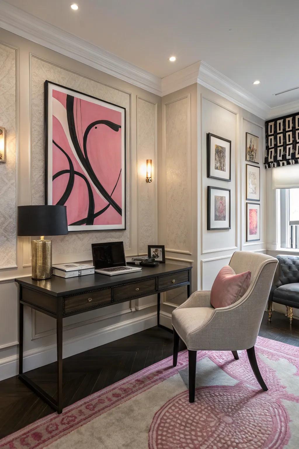 Abstract artwork in pink and black adds a creative flair to this office space.