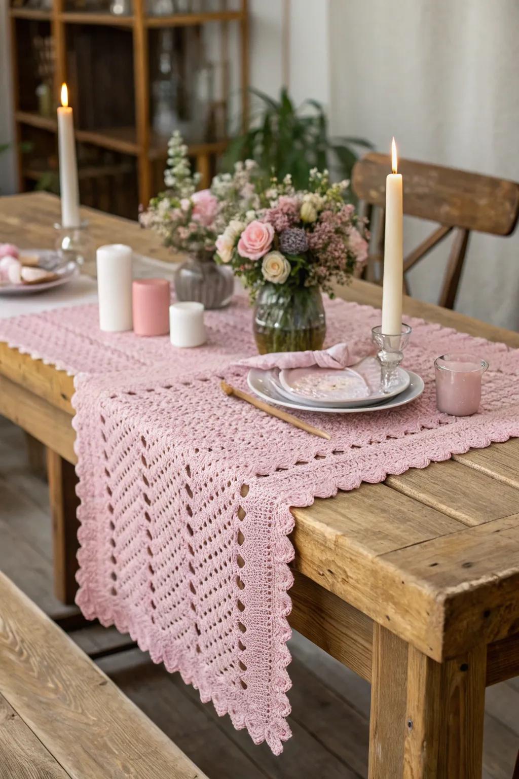 Elevate your dining table with a stunning pink crochet runner.