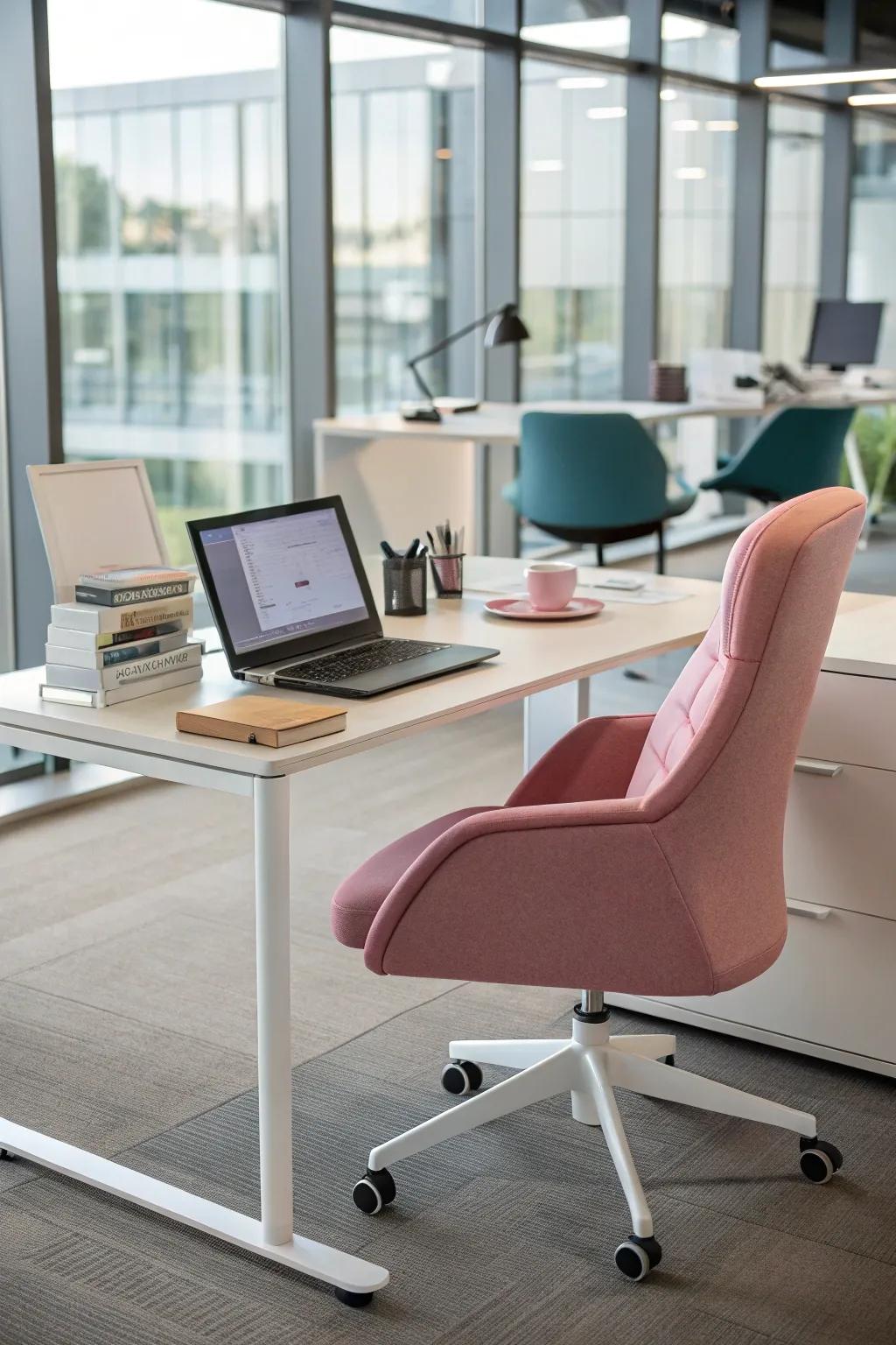 A pink office chair adds both comfort and style.