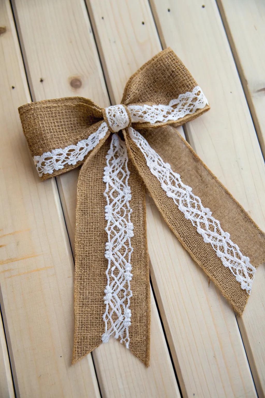Embrace rustic elegance with this charming burlap and lace bow, perfect for adding a cozy farmhouse touch.