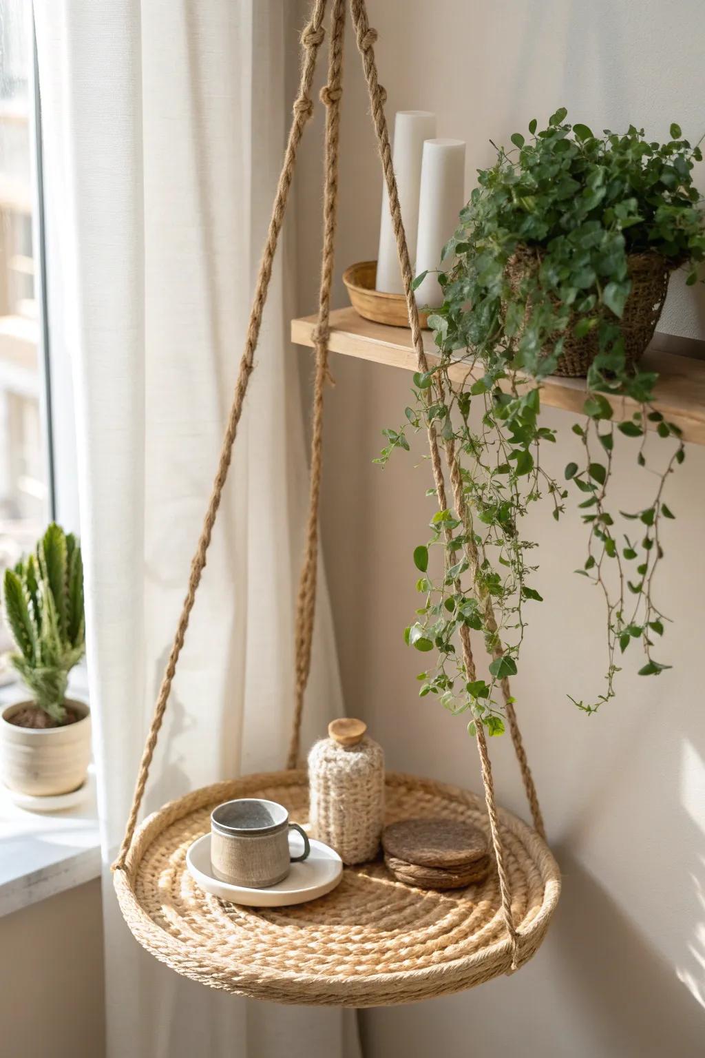 Elevate your décor with this charming DIY hanging shelf, a perfect fusion of minimalist elegance and boho charm.