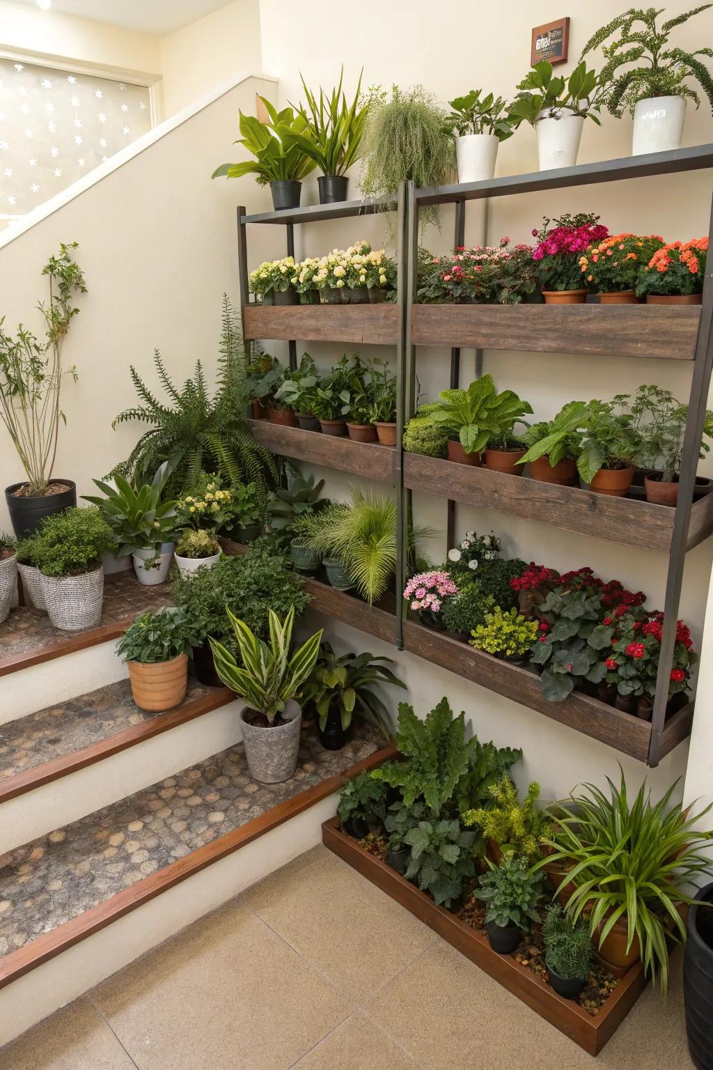 Tiered shelves showcasing a variety of plants for a lush display.