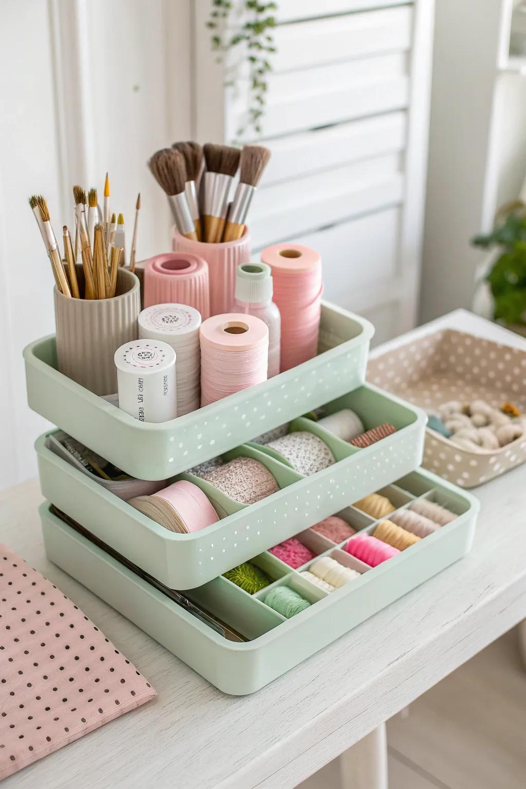 Transform bread trays into a chic craft room organizer—beauty in simplicity!