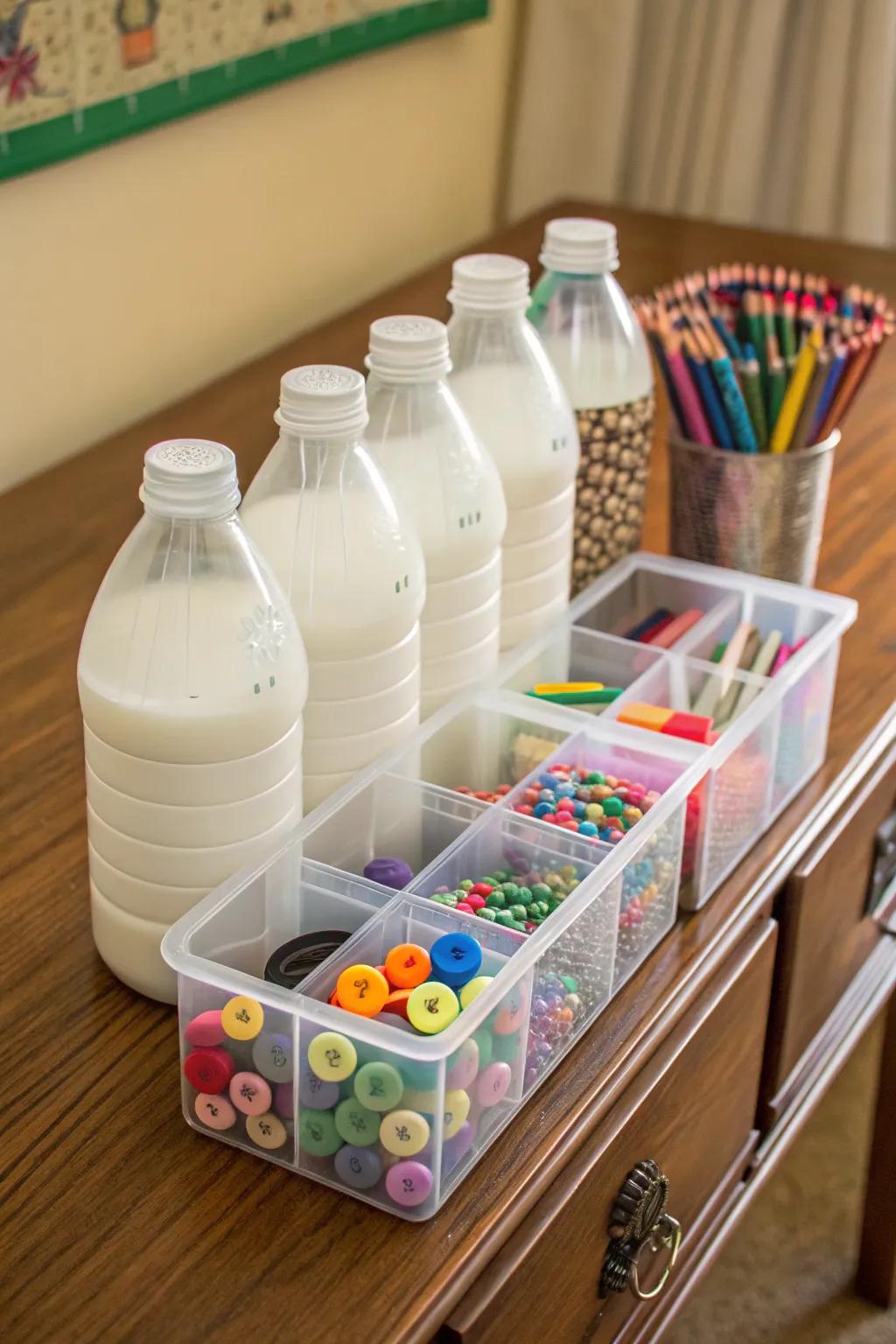 Organize your craft supplies with stylish storage containers made from milk bottles.