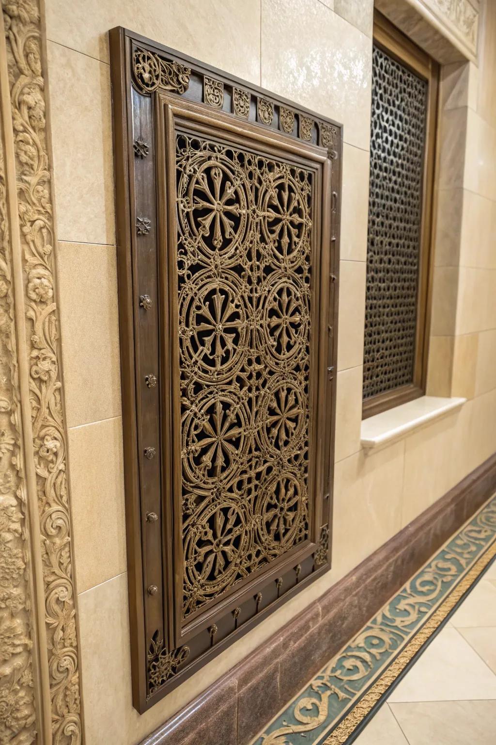 Ornate vent covers turn functional access points into decorative elements.