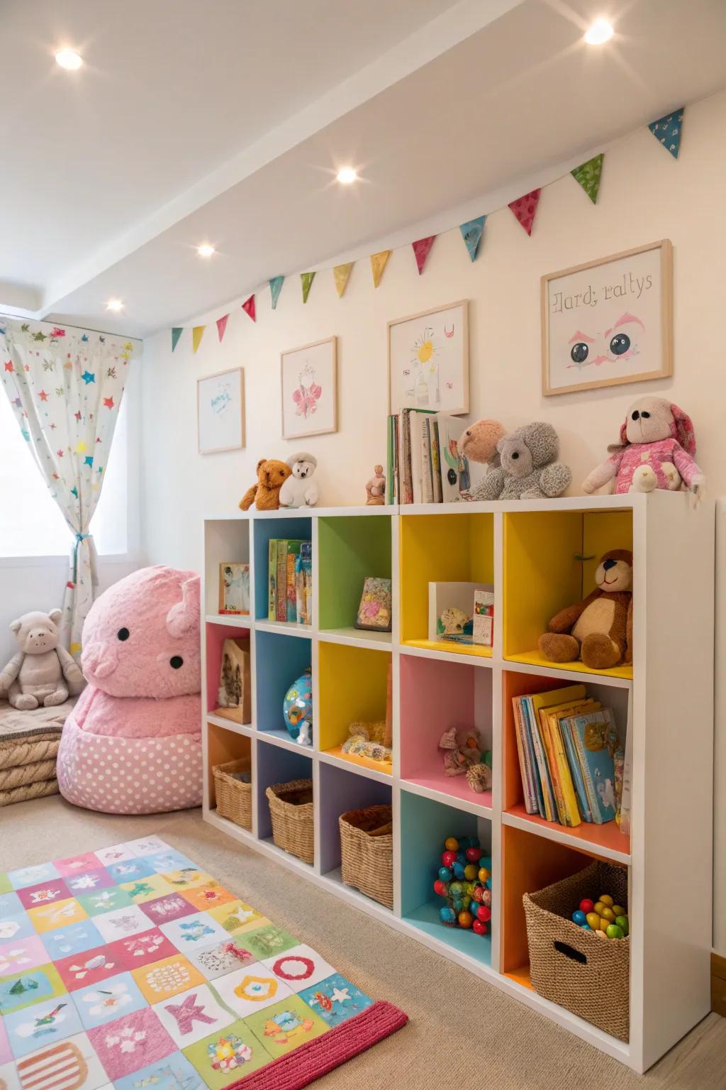 Cubby holes provide a neat and playful storage option.