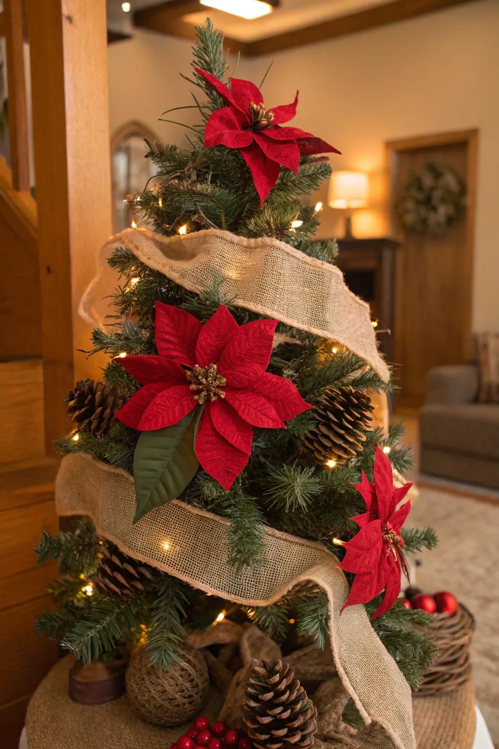 Add rustic charm to your tree with natural elements and poinsettias.