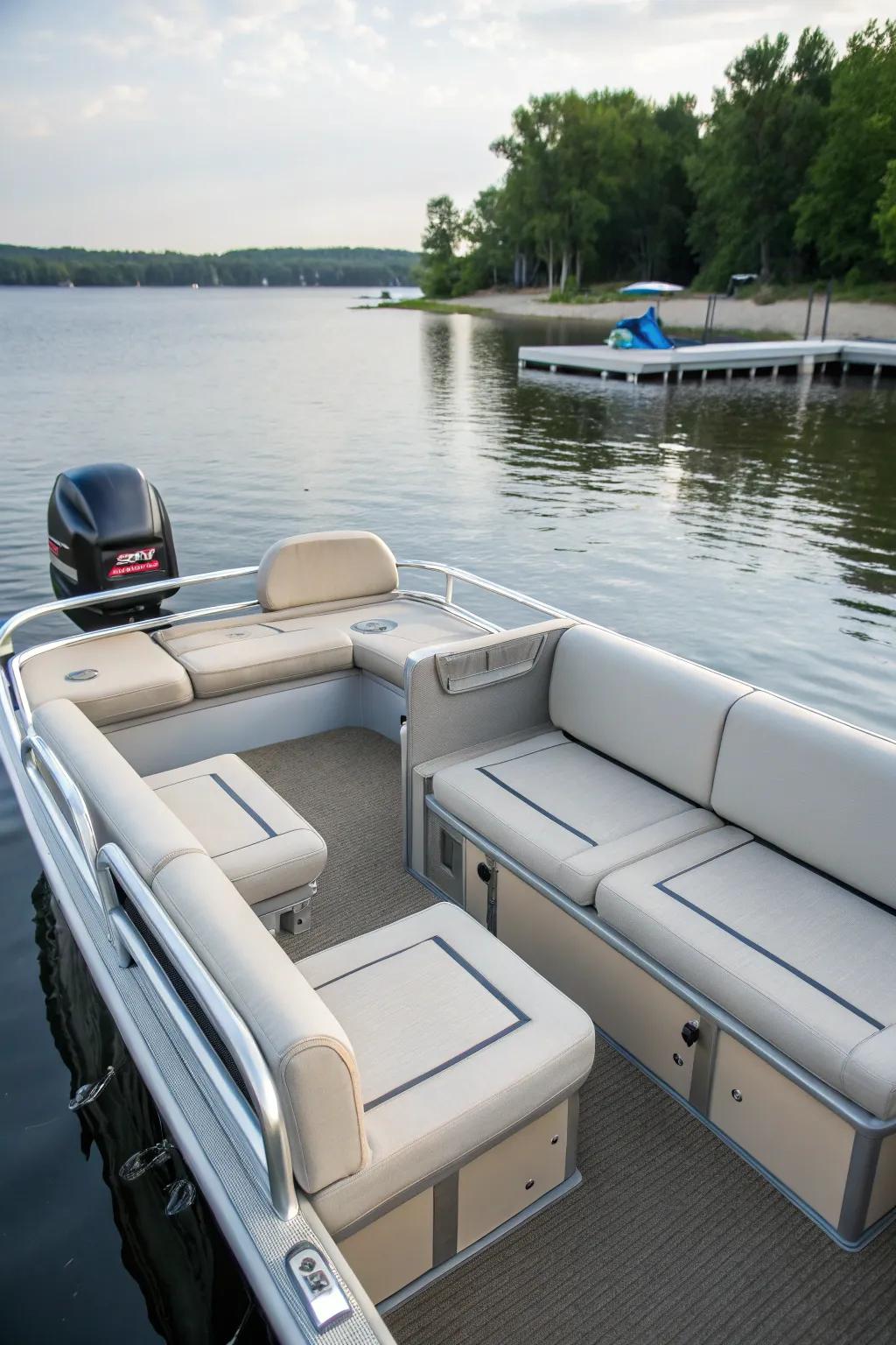 Functional bench seating offers comfort and hidden storage on the pontoon.