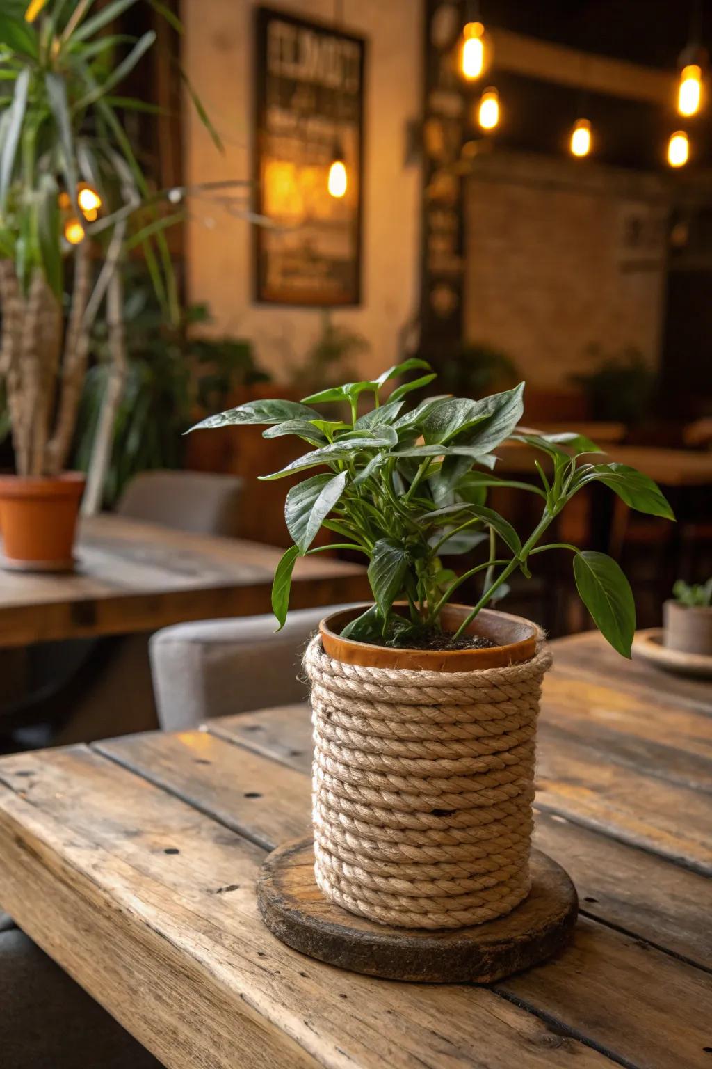 Natural rope adds rustic charm to any plant pot.