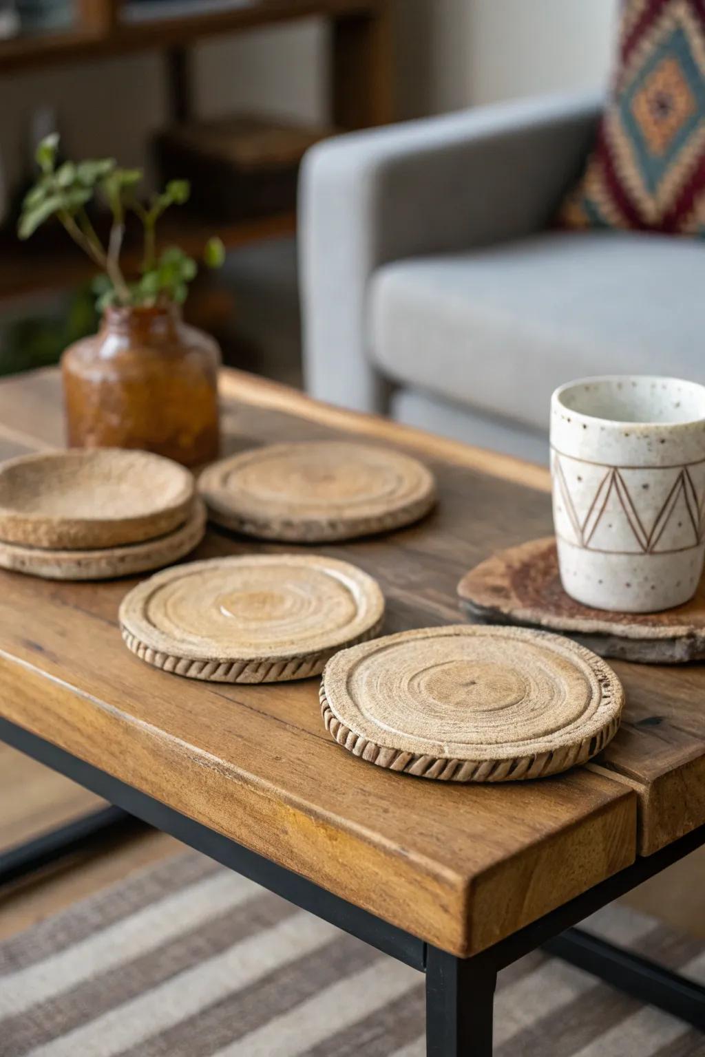 Rustic slab pottery coasters adding charm to any table.