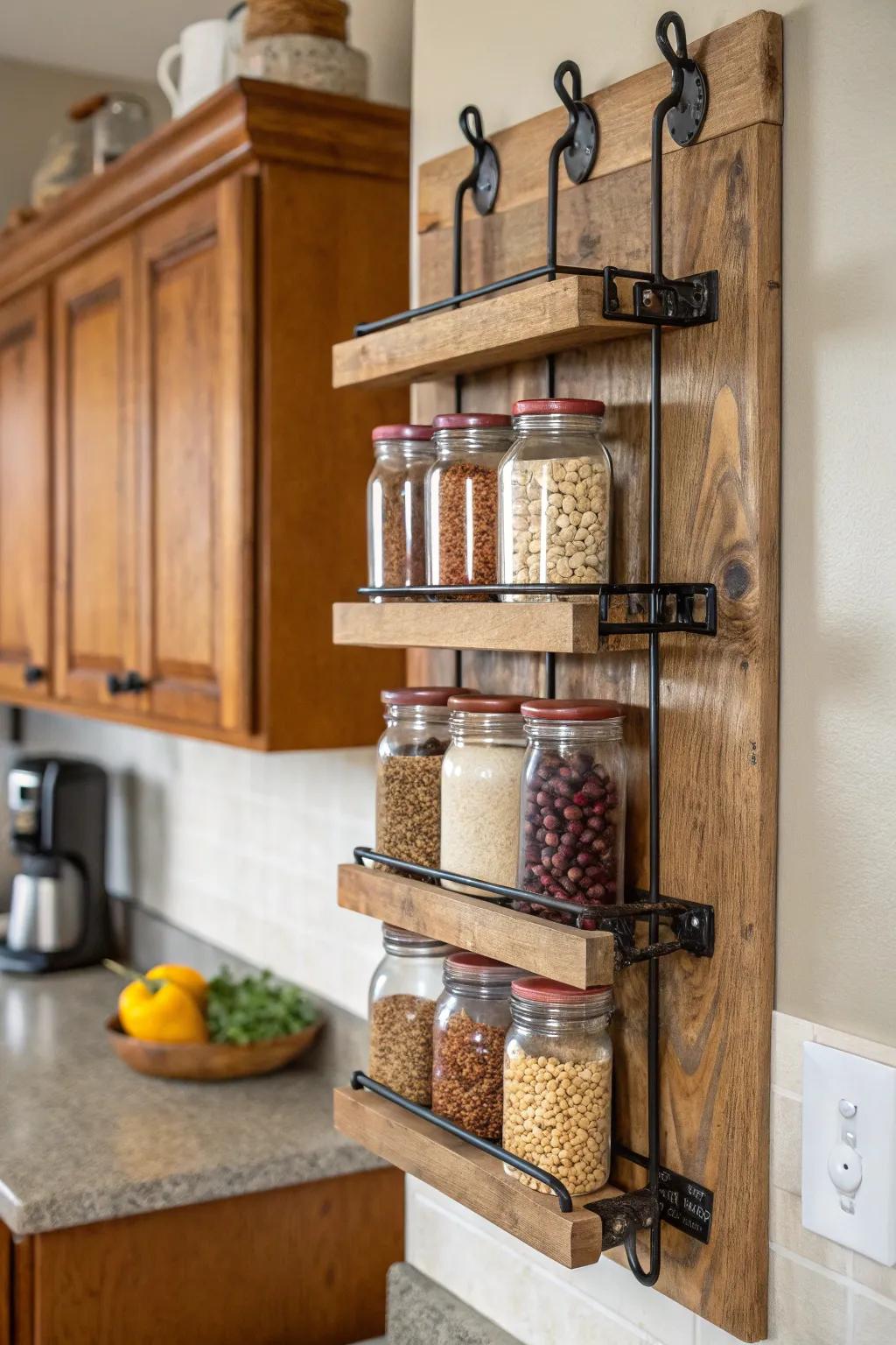 Wall-mounted jar racks add charm and utility.