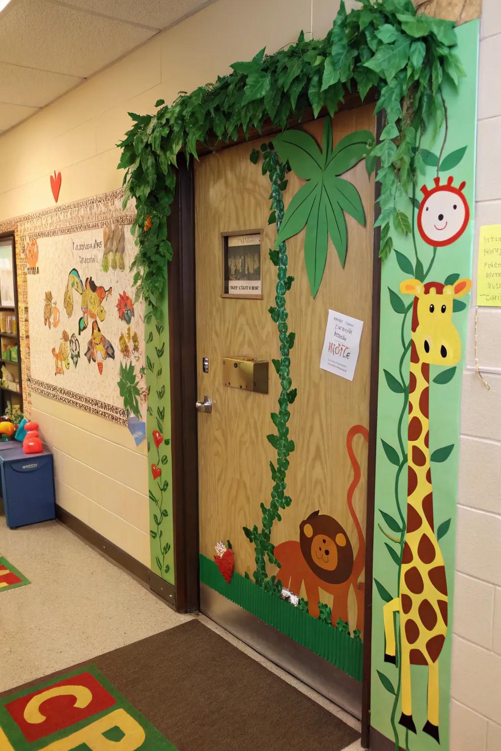 A jungle-themed door invites young explorers into a world of learning.