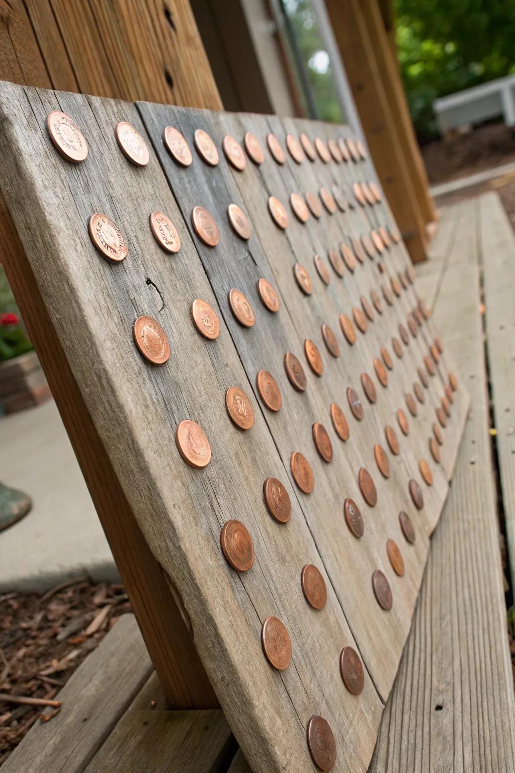 A rustic wooden board turns your pennies into a vintage statement piece.