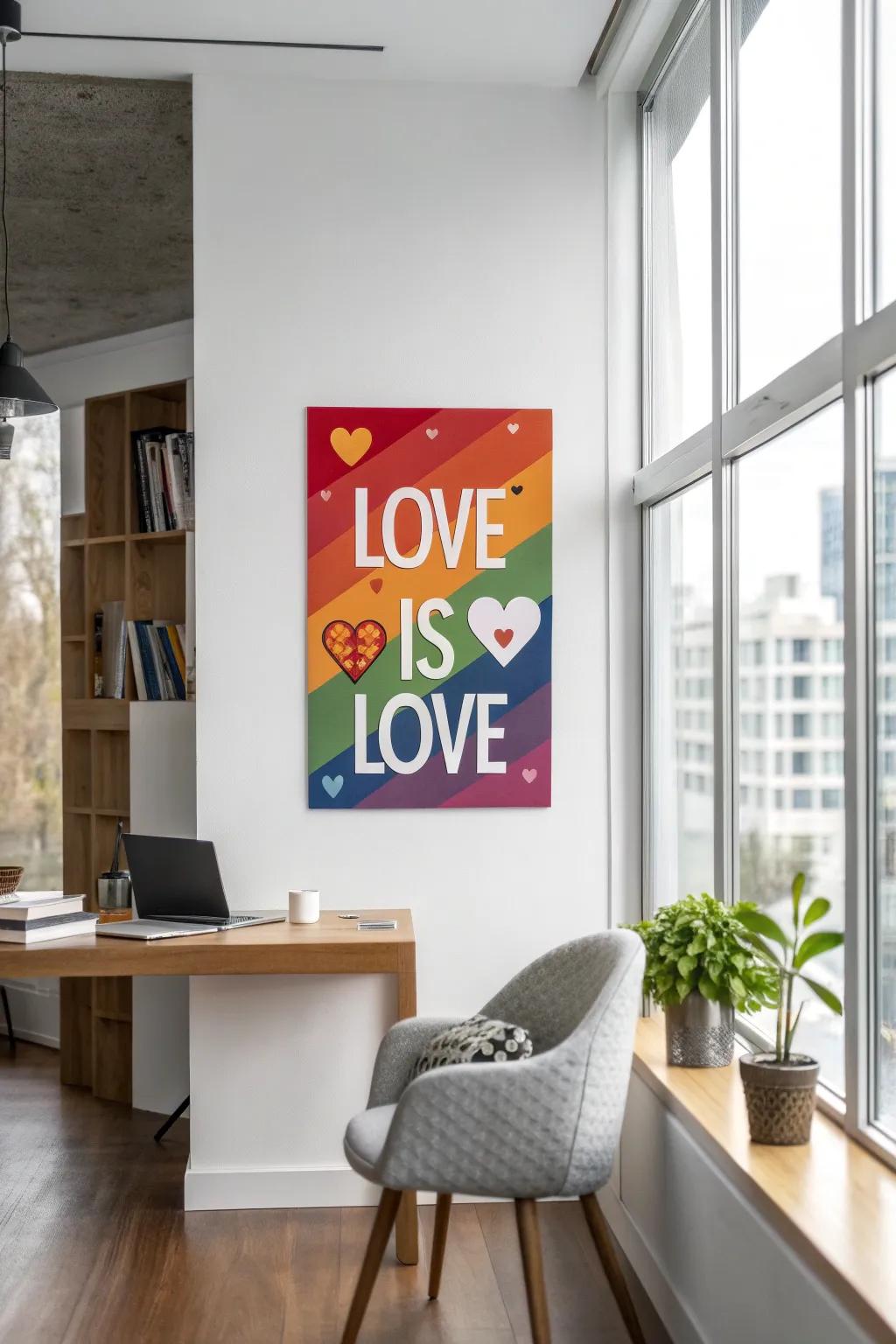 A vibrant 'Love is Love' sign bringing positivity to a home office.