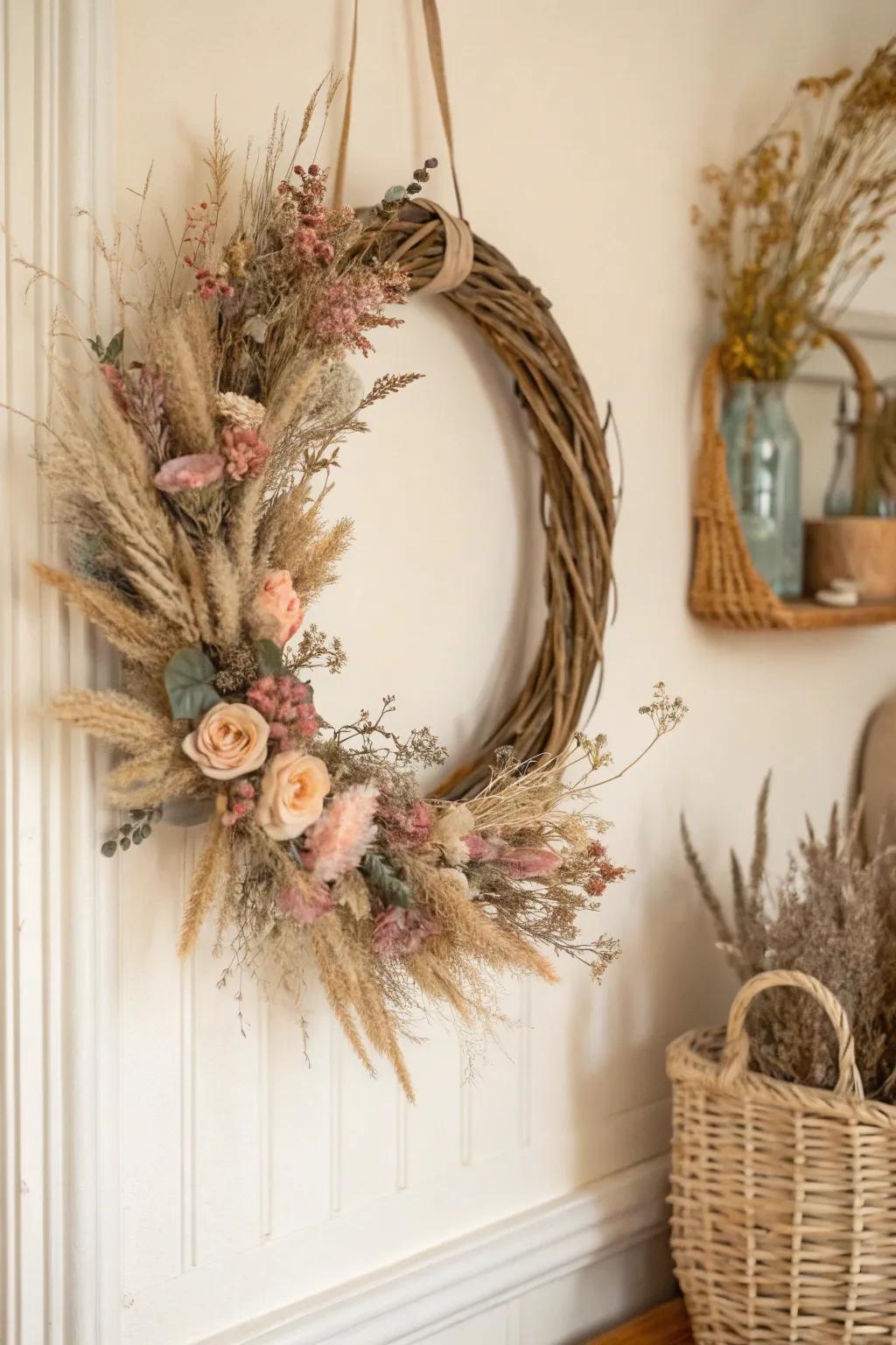 Bring nature indoors with a timeless dried flower wreath, perfect for adding a touch of elegance to any space.