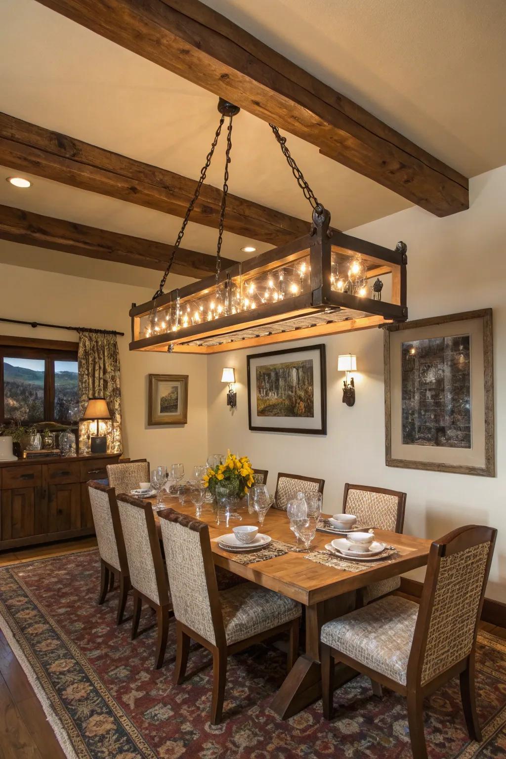 A wooden beam chandelier as the centerpiece in a dining room.