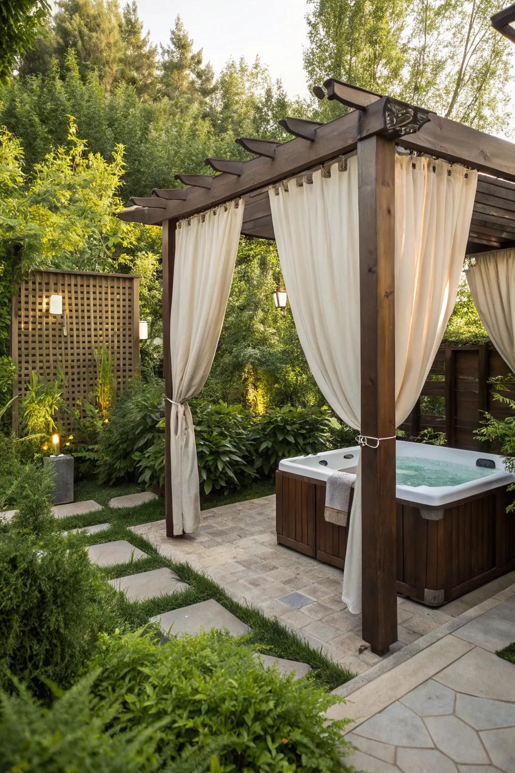 A pergola with curtains offers adjustable privacy and a touch of elegance.