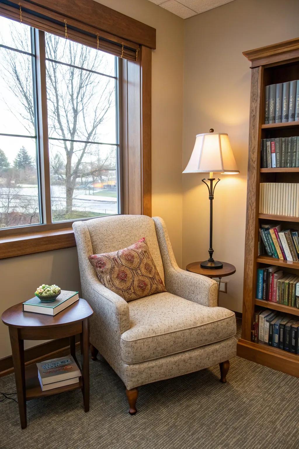 A cozy nook offers a perfect retreat for reading and inspiration.