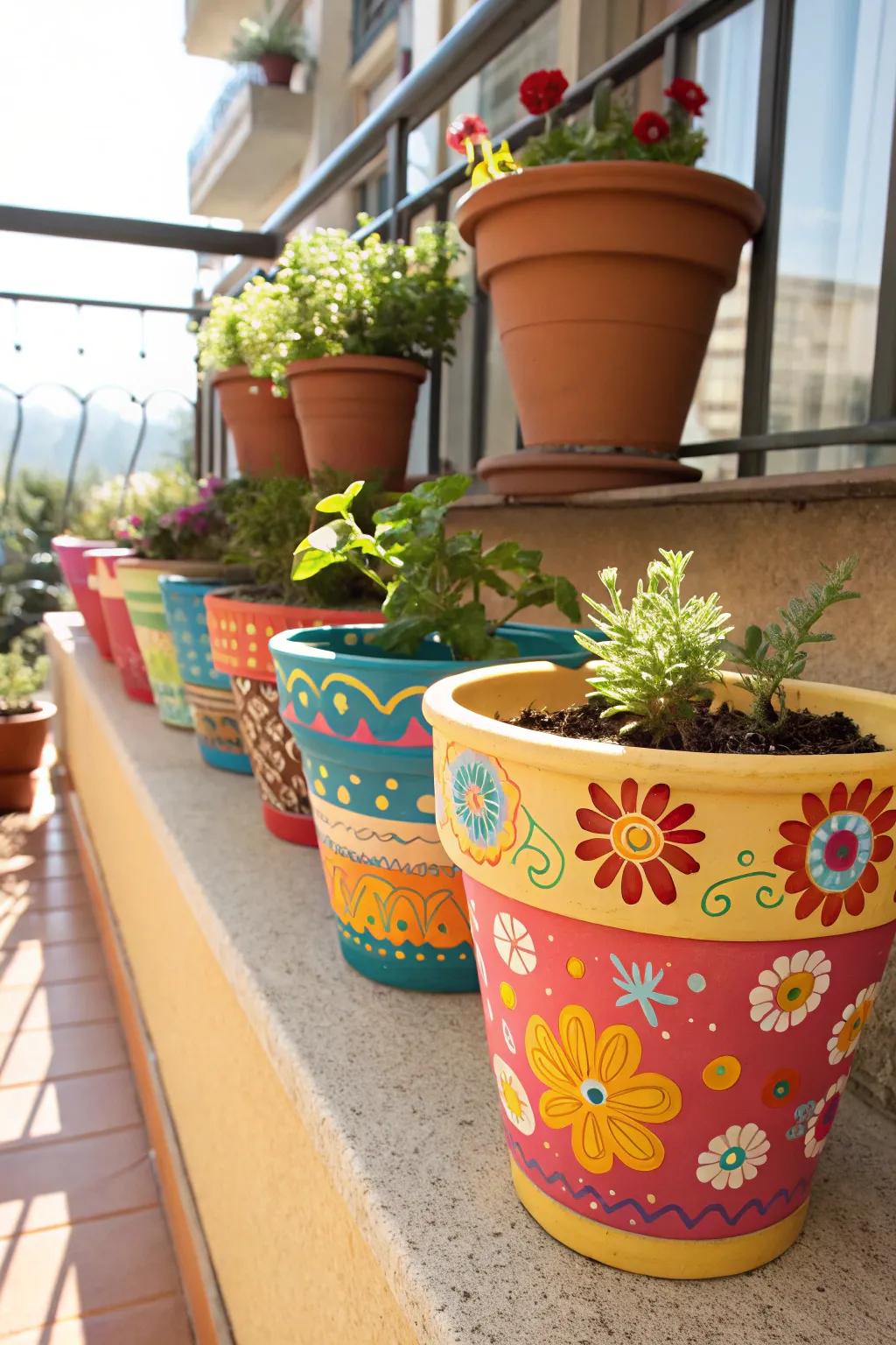 Craft a colorful garden with decorated puffy paint flower pots.