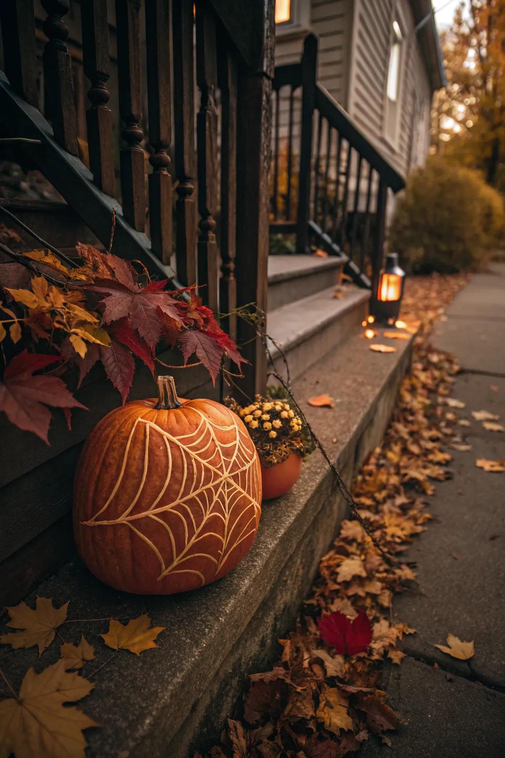 This spider web pumpkin is perfect for Halloween-themed decor.