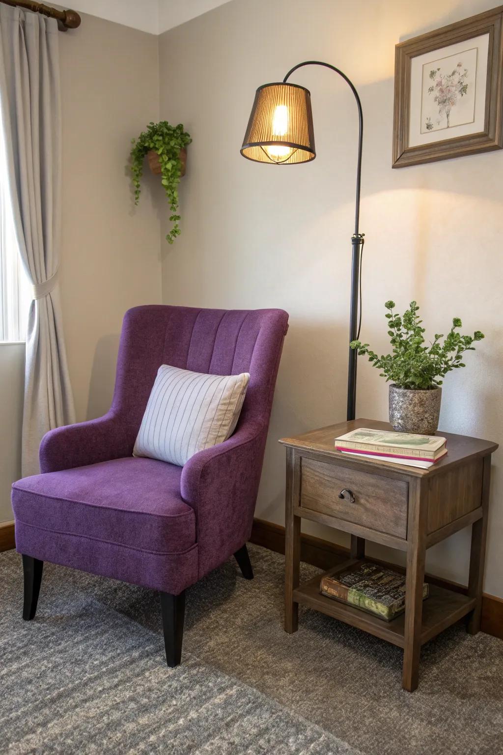 A cozy reading nook featuring a stylish purple accent chair.