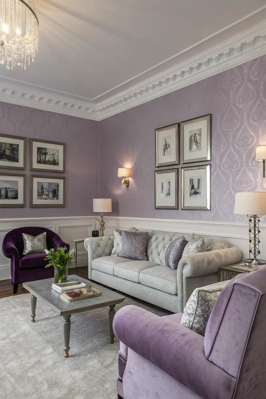 Purple and silver walls create a serene backdrop.