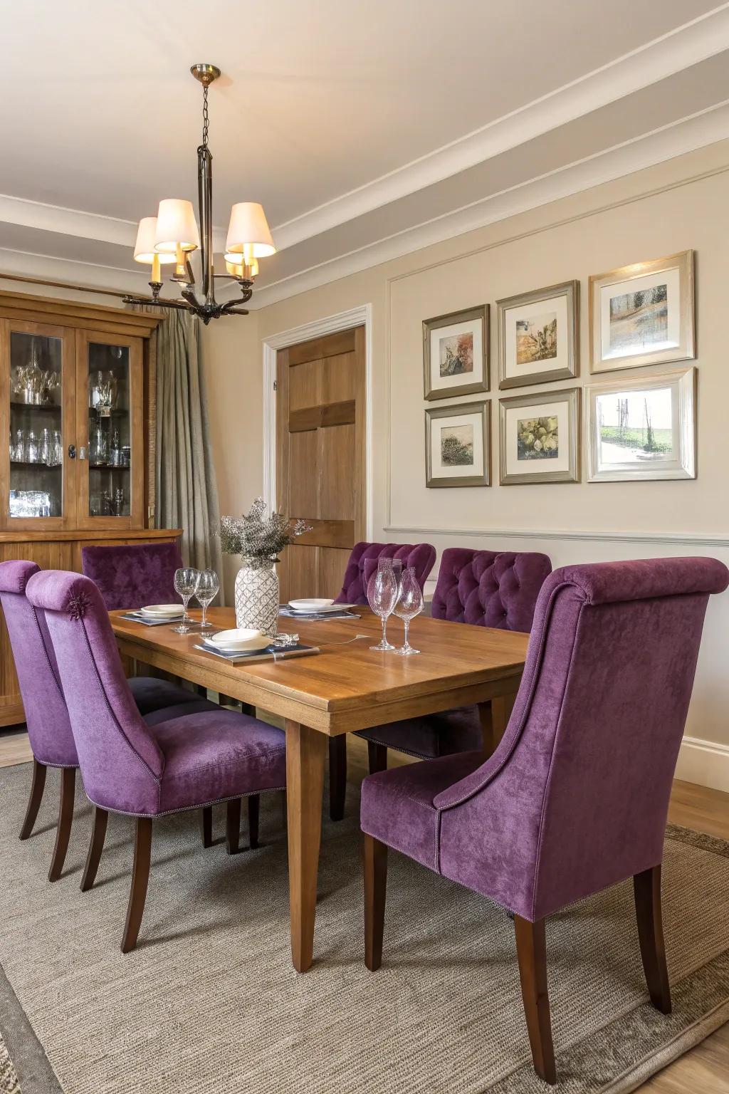 Purple chairs add color and luxury to a neutral dining room.