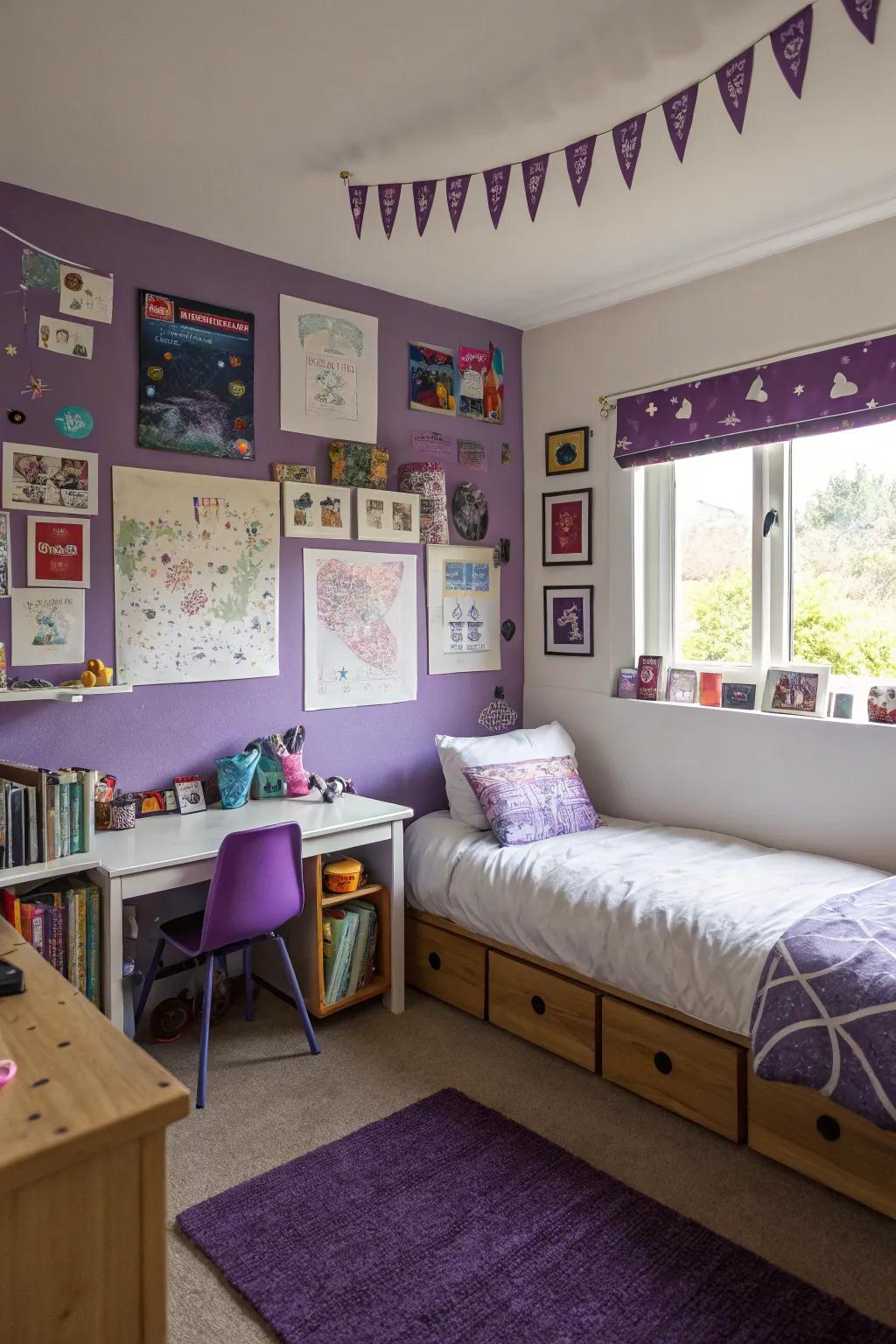 Purple-themed artwork adds character to the room.