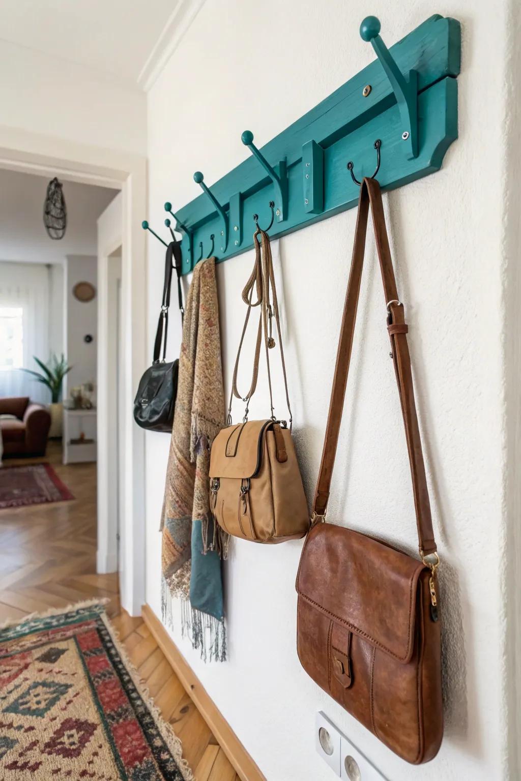 Transform your space with a chic, repurposed coat rack for a stylish purse display.