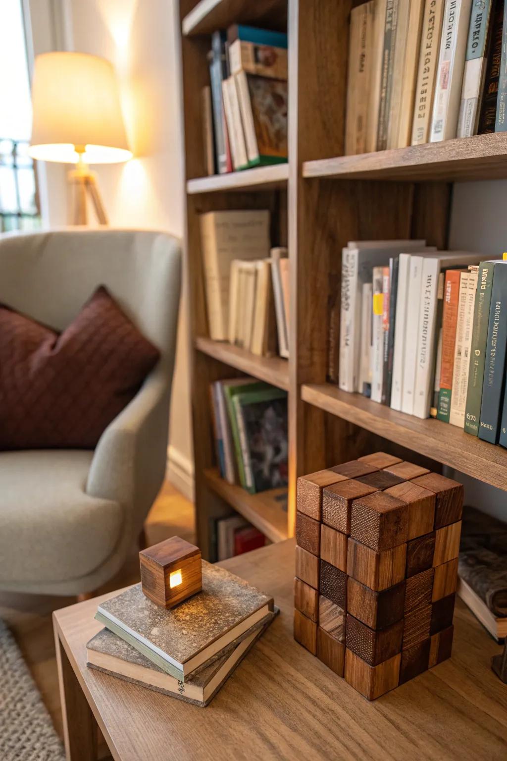 Puzzle cube bookends provide both style and support on this bookshelf.