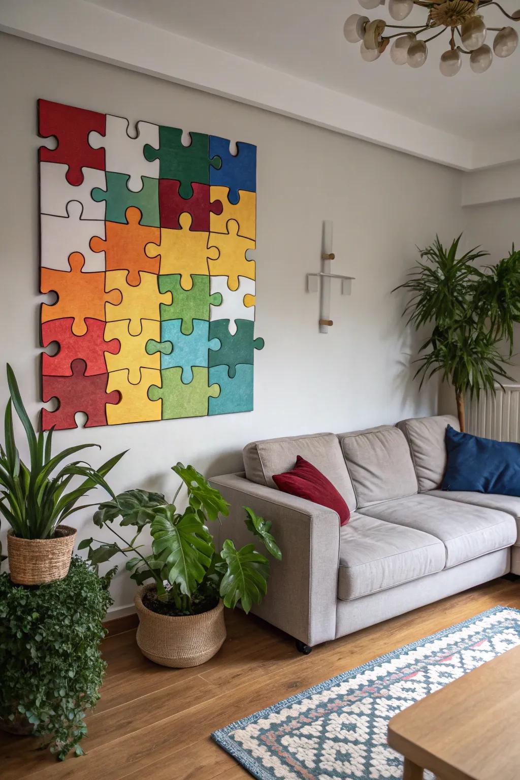 Puzzle piece wall art serves as a unique and eye-catching decor element.