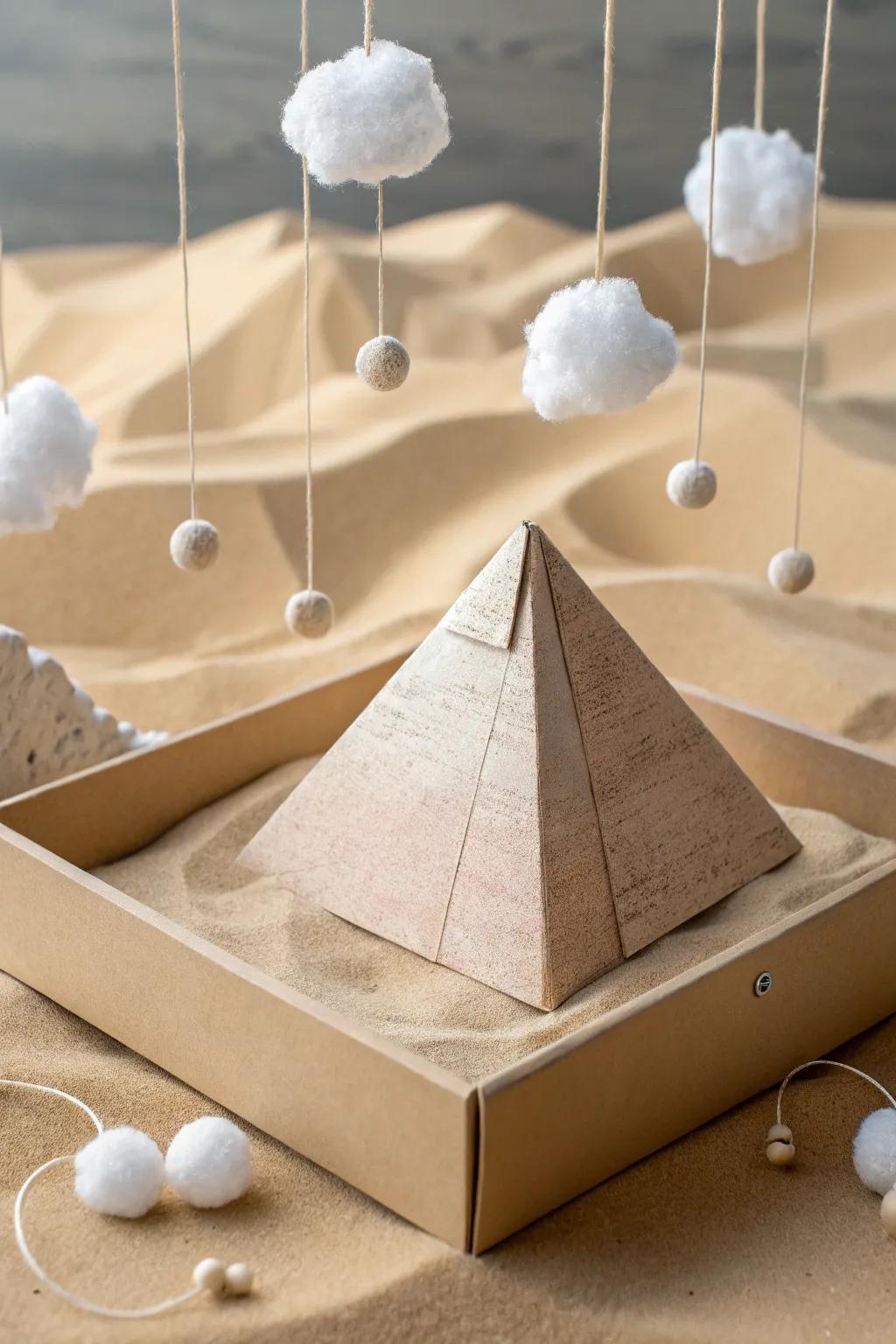 Crafting stories in the sand – a minimalist pyramid diorama for little dreamers.